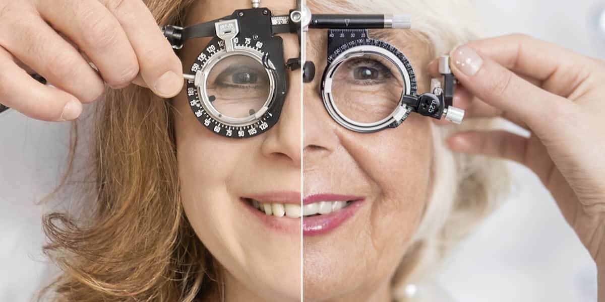 Kontakt til oejenlaege. Konsultation. Billede viser en ung og en gammel dame til en øjenundersøgelse.