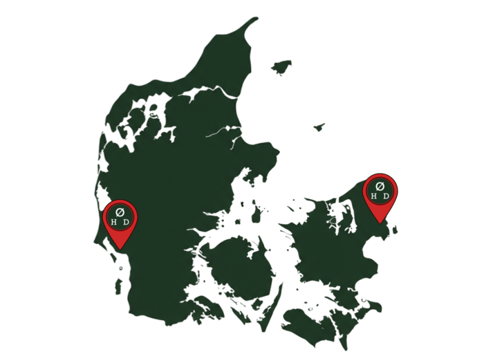 Danmarkskort over placeringen af vores to specialklinikker med øjenlågsoperation