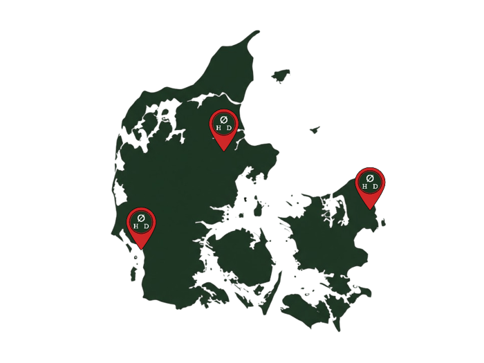 Danmarkskort over placeringen af vores to specialklinikker med øjenlågsoperation