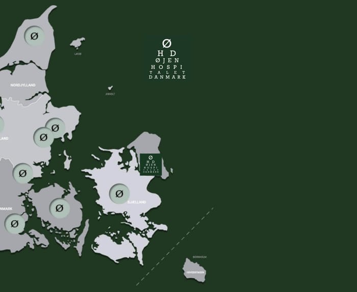 Et landkort over alle øjenklinikkerne i danmark, som indgår i Øjenhospitalet Danmark øjenlægenetværk