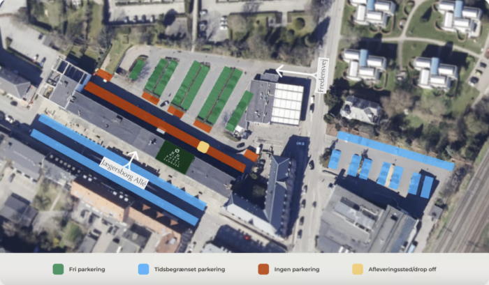 Kortet viser praktisk info om parkeringsforhold ved Øjenhospitalet Danmark.