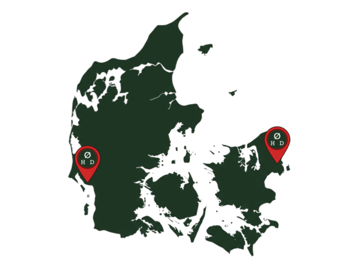 Danmarkskort over placeringen af vores to specialklinikker med øjenlågsoperation