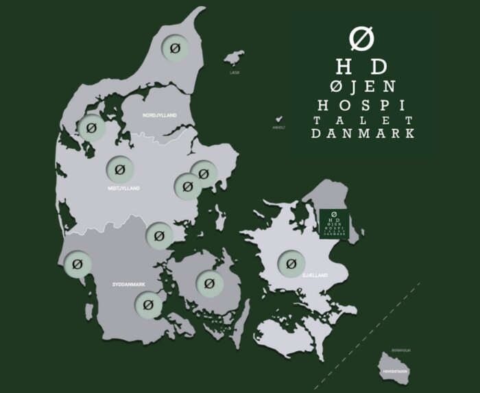 Et landkort over alle øjenklinikkerne i danmark, som indgår i Øjenhospitalet Danmark øjenlægenetværk
