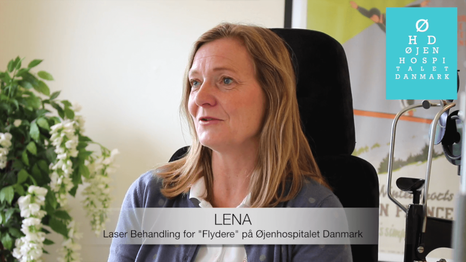 Screenshot af Lena, som diskuterer sin positive erfaring med Laser Vitreolyse behandling på Øjenhospitalet Danmark for at fjerne generende Flydere.